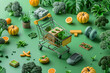 3D shopping cart with green items and healthy food