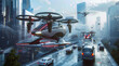 Futuristic flying cars and drones hover above a busy cityscape with towering skyscrapers,ai generated