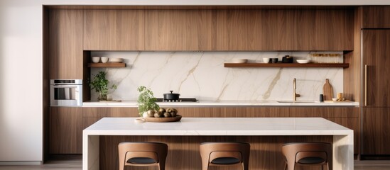 Wall Mural - modern kitchen with brown and white cabinets and gold faucet