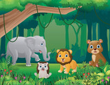 Fototapeta Dinusie - Cute wild animals cartoon in the jungle