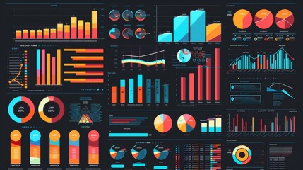 Wall Mural - Illustrations of financial graphs, charts, pie charts, and bar charts for business analysis. Data analysis, auditing, accounting, economic analysis and abstract infographics.