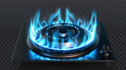 Wall Mural - In an oven for cooking, a burning propane butane gas ring is isolated on a transparent background. Modern realistic mockup of a gas burner with a blue flame.