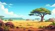 The savannah landscapes of Africa are not only beautiful but also wild in nature. This modern illustration depicts a panorama view of Kenya as well as mountains and plain grassland fields. There are
