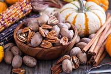 Pumpkins, Nuts, Indian Corn And Variety Of Squash
