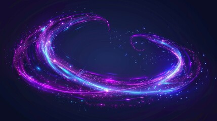 Wall Mural - Realistic 3D modern illustration of neon magic swirl, wind effect purple twirl with blue sparkles. Swirl of wand spell. Magician, wizard or fairy light with shiny trace isolated on black background.