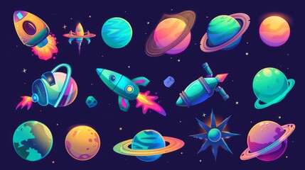 a set of space exploration icons, images of planets, rockets, satellites, telescopes, aliens with as