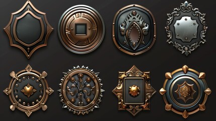 Wall Mural - A set of art deco buttons isolated on black background. A realistic modern illustration of a luxury UI frame consisting of bronze, golden, and silver metal. A border to be used for sprites.