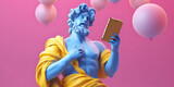 Fototapeta Kosmos - Ancient Greek Sculpture of a Man Holding a Mobile Phone on Pink Background