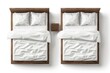 Mockup of two single beds with white sheets, pillows and duvets. Modern realistic mockup of 3D furniture for sleep isolated on a white background.