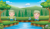 Fototapeta Dinusie - Two Kids fishing fish cartoon