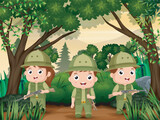 Fototapeta Dinusie - Three Scout boy in uniform exploring the forest