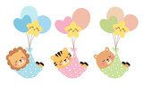 Fototapeta Dinusie - Cute sleeping baby lion, tiger, and bear with balloons. Baby shower, baby delivery, and nursery vector illustration art. Pastel colors.