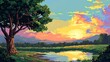 Pixel sunset. Style, nature, wilderness, trees, sun, dawn, evening, horizon, night, forest, twilight, beauty, romance, clouds, sky, landscape. Generated by AI