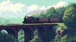 Pixel train on the railway. Style, bridge, speed, rails, carriage, road, conductor, driver, compartment, station, locomotive, travel, reserved seat, train, trip. Generated by AI