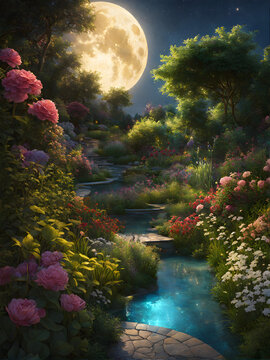 Beautiful flower garden in full moon night