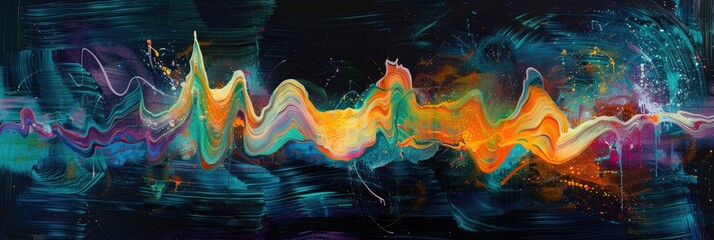 An abstract representation of sound waves or music notes, expressed through vibrant colors and dynamic shapes