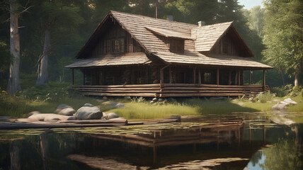 Wall Mural - Wooden cottage by the lake surrounded by green trees. Summer. Generative AI.

