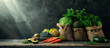 healthy vegetarian concept background of harvest fresh vegetables on burlap