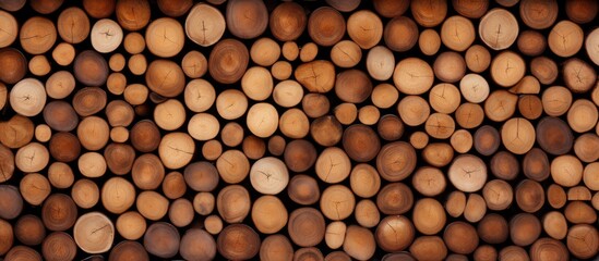 Wall Mural - A stack of lumber logs creates a beautiful pattern of wood circles when viewed up close, resembling a modern art plant sculpture