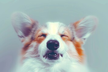 Canvas Print - Welsh corgi dog with its mouth open and eyes closed in a blurry photo. Generative AI.