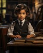 © Natalia - A young boy in a suit and tie sitting at a desk. Generative AI.