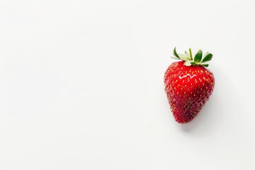 Wall Mural - A fresh red strawberry placed on a white background, top view, with copy space for text