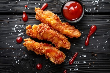 Wall Mural - Crispy fried chicken sticks served with ketchup on a rustic wooden table