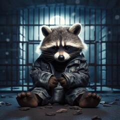 Sticker - A raccoon sitting on the ground in a jail cell. Generative AI.