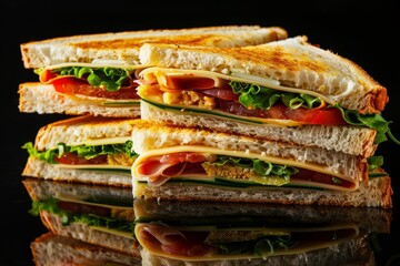 Wall Mural - Freshly cut club sandwich lying on a table, showcasing layers of fillings between bread halves