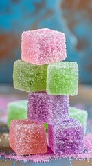 A close up of a blue and green candy with white sugar on top