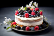 Birthday layered cake decorated with berries, blueberries, raspberries and blackberries with flowers on top on a dark grey and black background for Birthday or party