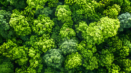 Wall Mural - Aerial top view of green trees in a forest. The drone view of a dense green tree captures CO2. Green tree nature background for carbon neutrality and net zero emissions concept. Sustainable green 