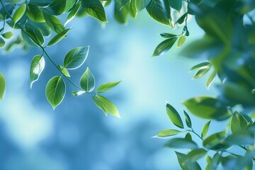 Wall Mural - 3d green leaves on a defocused blue background