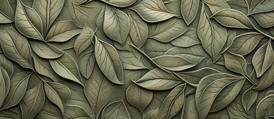 Poster - A detailed carving of plant leaves on a grey wall, resembling a textile pattern. The art piece captures the beauty of nature with intricate woodlike textures