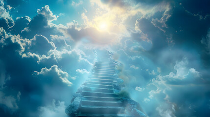 Wall Mural - Stairway to heaven in heavenly concept. Religion background. Stairway to paradise in a spiritual concept. Stairway to light in spiritual fantasy. Path to the sky and clouds. God light 
