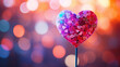 Colorful single heart shaped lollipops on a stick with blurred glowing circle bokeh wide background created with Generative AI Technology