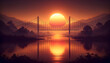 a serene sunset scene where the sun dips low in the sky, casting its warm golden glow over a suspension bridge. The bridge spans a wide, tranquil river that reflects the fading light of day