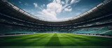 Fototapeta Sport - wide modern football stadium grass with empty spectator seats and blue sky created with Generative AI Technology