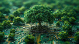 Fototapeta  - Green tree with roots on circuit board motherboard. The concept of artificial intelligence