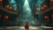 A cello sits alone in a dark auditorium, waiting for its next performance