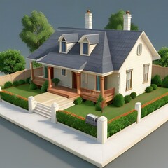 Wall Mural - 3D rendering of a cozy suburban house with a landscaped lawn, front porch, and double chimneys, isolated on a white background.