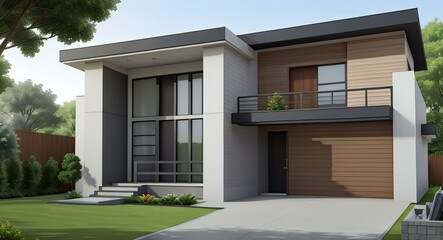 Wall Mural - Modern two-story house with a flat roof, large windows, and a mix of wood and stone exterior finishes.