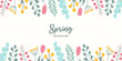 Spring horizontal festive banner on white background with place for typography in flat vector style. Hand drawn blooming colorful flowers, green leaves. Seasonal botanical template.