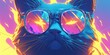 Futurist Cat, wearing round sunglass with fire reflect on glasses with fire line on background.