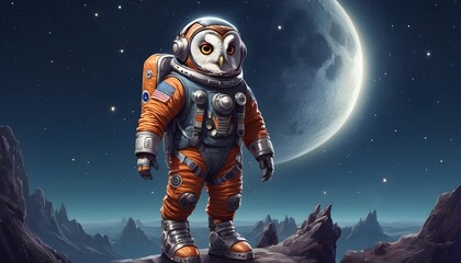 An owl wearing a spacesuit with a helmet jetpack and moon boots against a starry night sky background with planets and galaxies