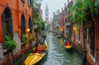 Gondolas navigate a misty canal in Venice, lined with vibrant houses.
