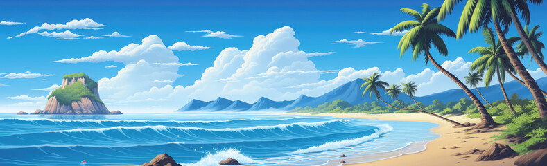 Wall Mural - Picture-perfect palm trees sway gently on a tropical beach, framing a scene of paradise.