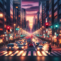 Wall Mural - a busy urban street scene at dusk. The street filled with cars and their headlights illuminating the road, with pedestrians crossing and people walking along the sidewalks