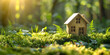 Miniature wooden eco-house in spring grass with moss and ferns on a sunny day