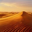 Sunset casting golden hues over undulating sand dunes in a tranquil desert landscape.